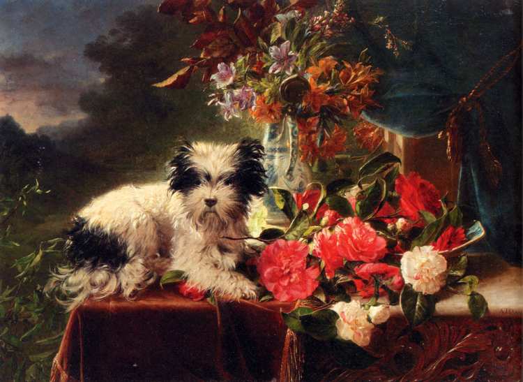 Adriana Johanna Haanen | Camellias and a terrier on a console