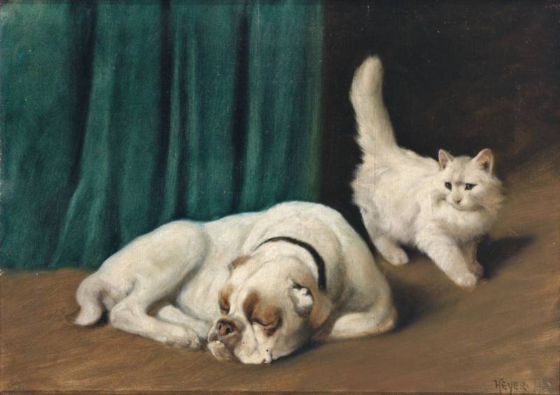 Arthur Heyer | Ruhende Bulldogge und weiße Perserkatze, um 1931