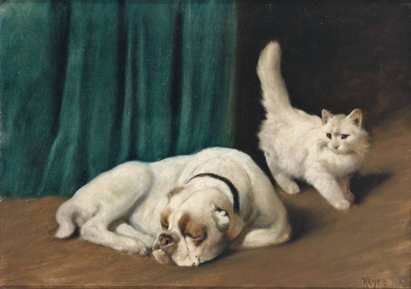 Arthur Heyer | Ruhende Bulldogge und weiße Perserkatze, um 1931