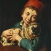 Giacomo Ceruti | A Boy in a Blue Jacket and a Red Hat, Holding a Pug on a Cushion