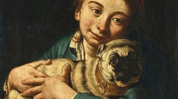 Giacomo Ceruti | A Boy in a Blue Jacket and a Red Hat, Holding a Pug on a Cushion