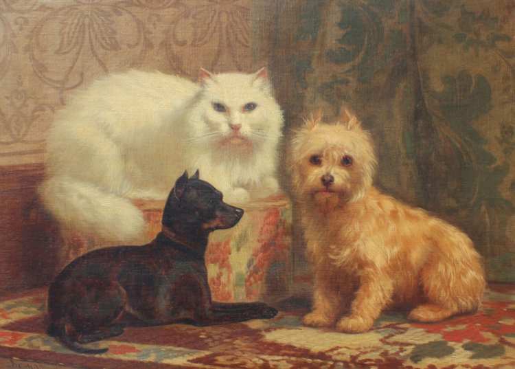 John Henry Dolph | Portrait painting of a Persian cat, a miniature Pinscher and Terrier, 1874