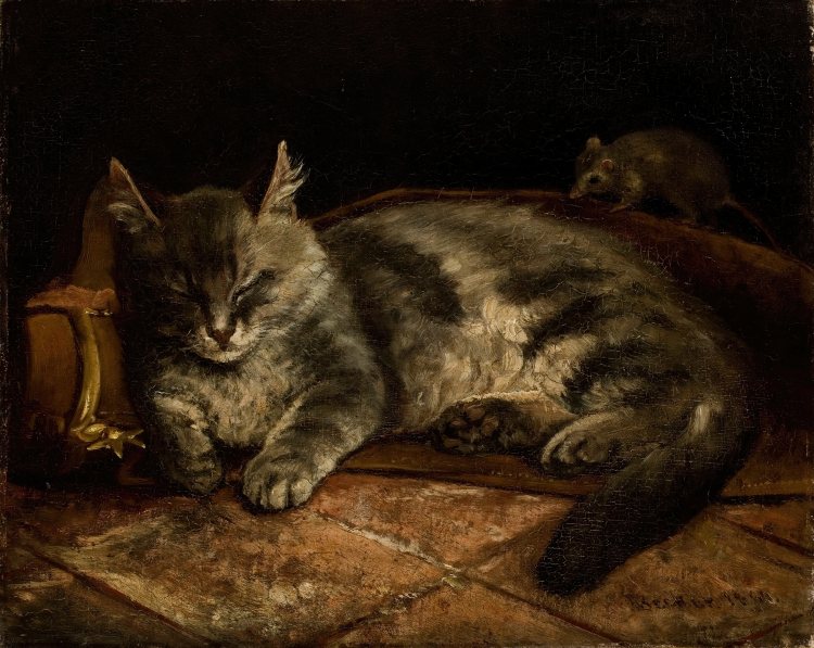 Adolf von Becker | Sleeping Grey Cat and A Rat, 1864