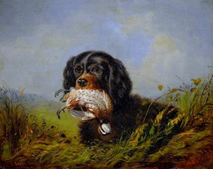 Arthur Fitzwilliam Tait | Cocker Spaniel and Ruffled Grouse, 1869 | Privatbesitz
