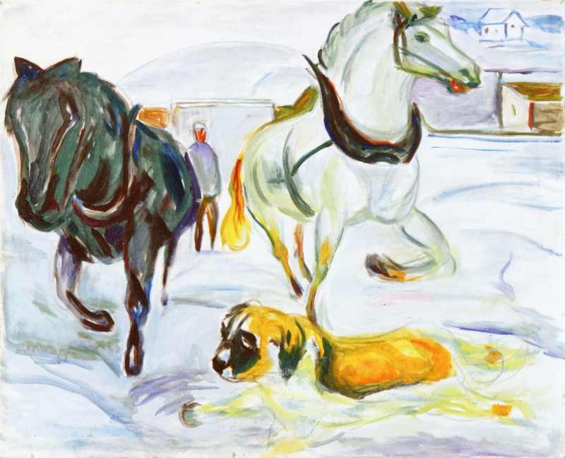 Edvard Munch | Horse Team and a St. Bernard in the Snow, 1923 | Munch-museet Oslo