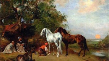 Eugène Fromentin | Sunset, Arab Harnessing a Brown Horse and a White Horse | Privatbesitz