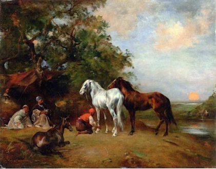 Eugène Fromentin | Sunset, Arab Harnessing a Brown Horse and a White Horse | Privatbesitz