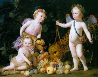Gerard van Honthorst | Three putti with fruit and a jaguar, 1649