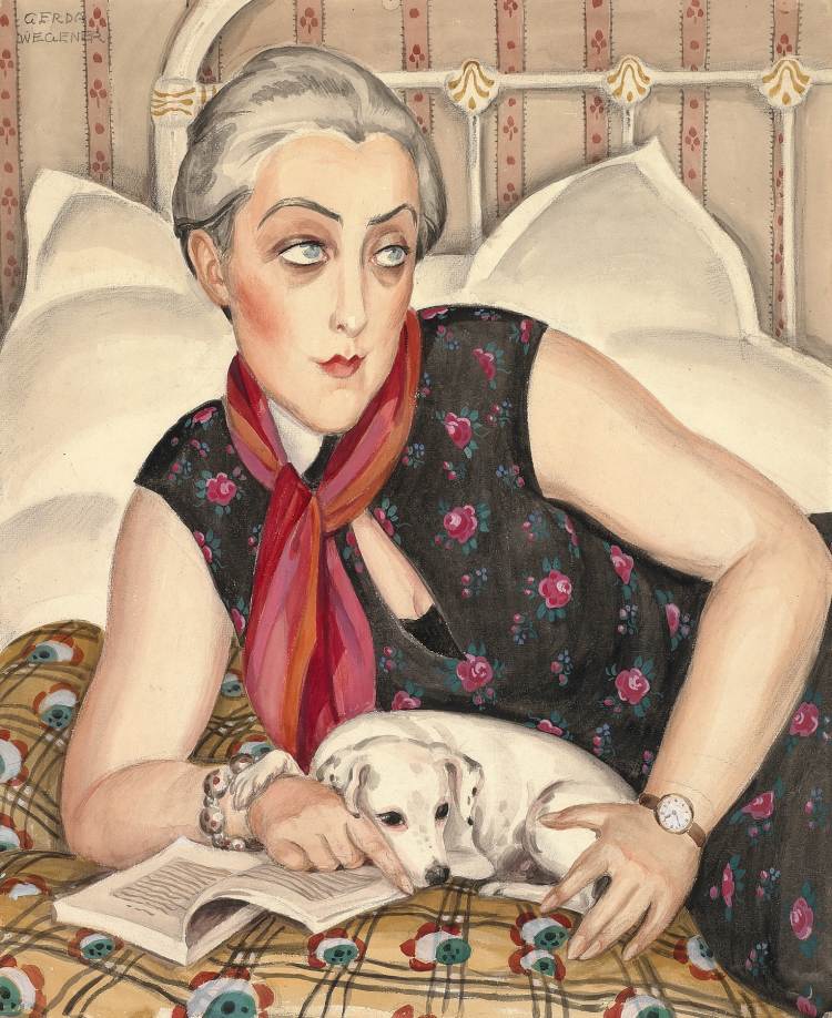Gerda Wegener | Porträt einer lesenden Frau mit Hund 