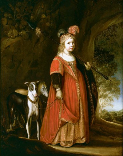 Govert Flinck | Portrait of a young girl as Diana, in a glade with two greyhounds