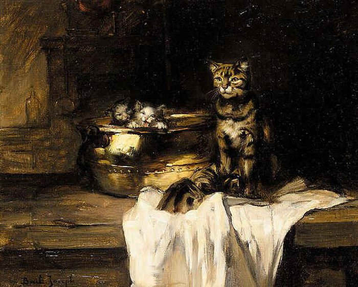 Joseph-Claude Bail | Mother and Kittens in a Pot