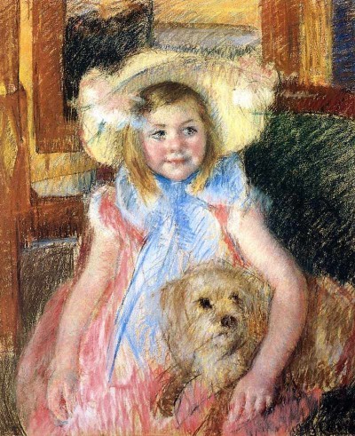 Mary Cassatt | Sara in a Large Flowered Hat, Looking Right, Holding Her Dog, 1901 | Privatbesitz