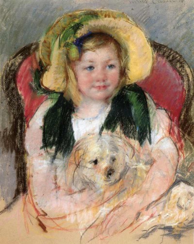 Mary Cassatt | Sara with Her Dog, in an Armchair, Wearing a Bonnet with a Plum Ornament, 1901| Privatbesitz