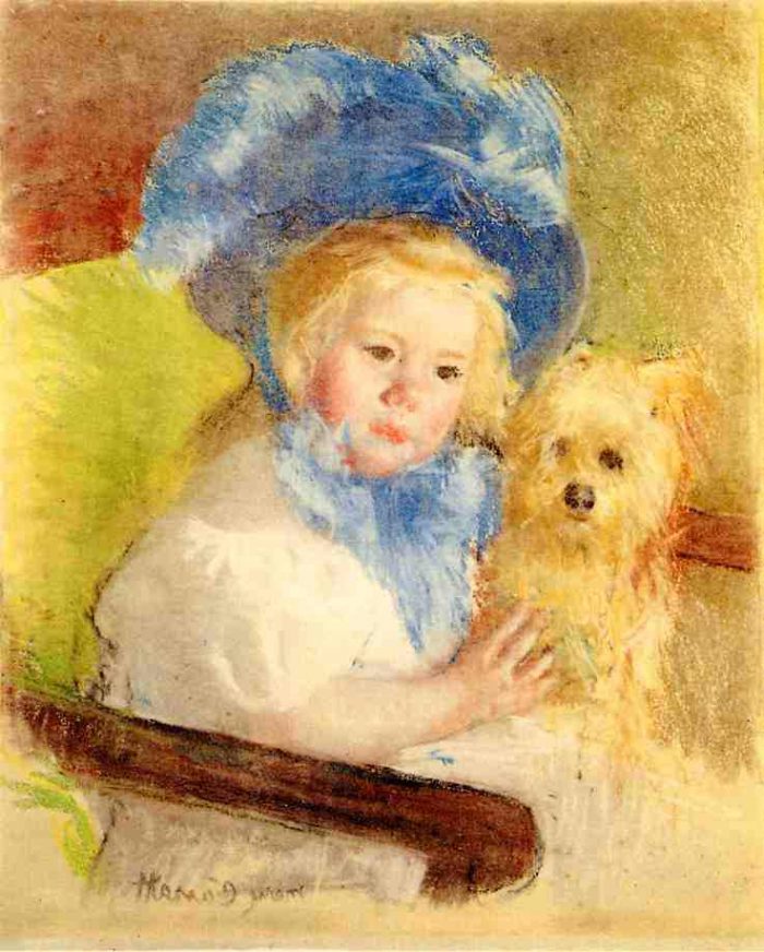 Mary Cassatt | Simone in a Large Plumed Hat, Seated, Holding a Griffon Dog, 1903 | Privatbesitz