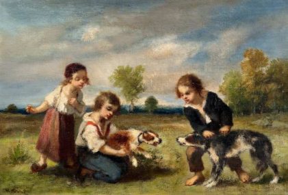Narcisse Diaz de la Peña | Children Playing with Dogs | Private Collection
