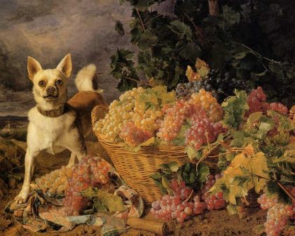 Ferdinand Georg Waldmüller | Ein Hund bei einem Traubenkorb in einer Landschaft, 1836